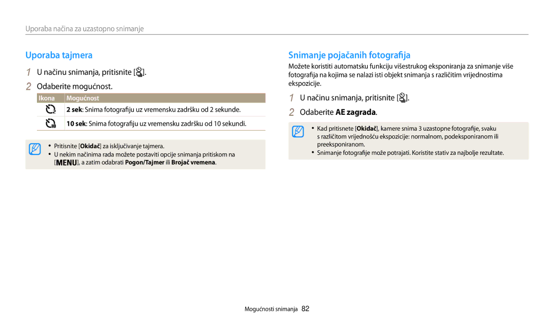 Samsung EC-WB200FBPBE3 Uporaba tajmera, Snimanje pojačanih fotografija, Načinu snimanja, pritisnite Odaberite AE zagrada 