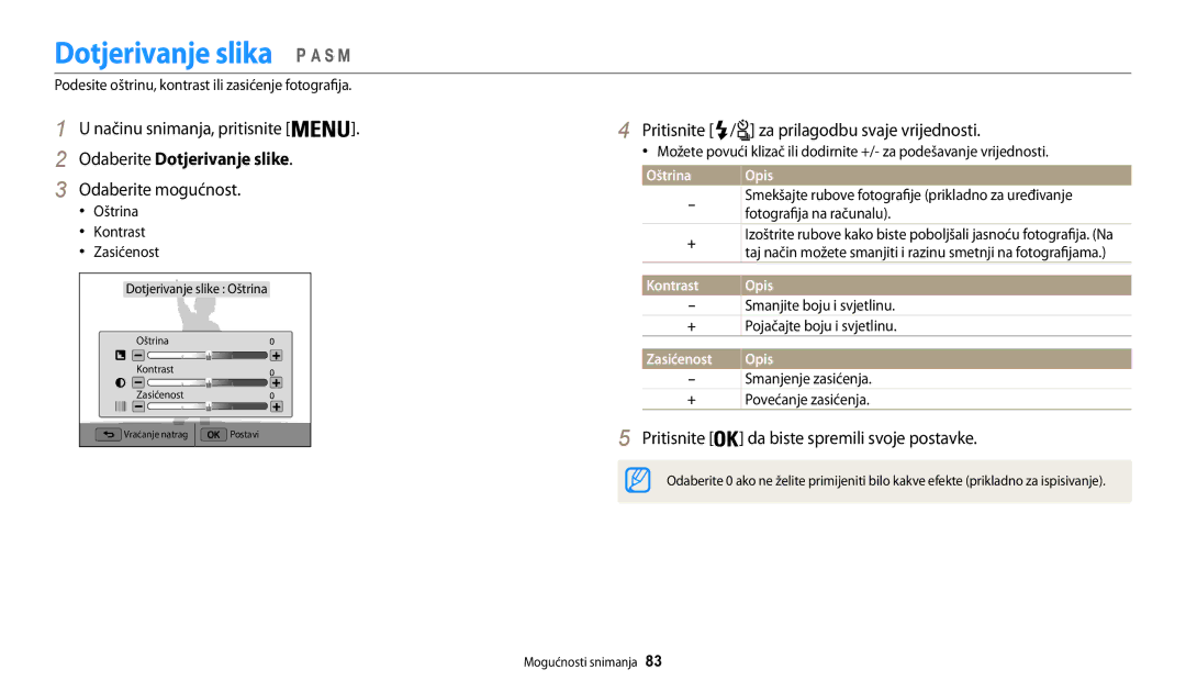 Samsung EC-WB200FBPWE3 Dotjerivanje slika, Odaberite Dotjerivanje slike, Pritisnite / za prilagodbu svaje vrijednosti 