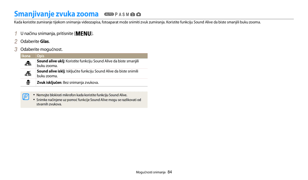 Samsung EC-WB200FBPBE3, EC-WB200FBPWE3 manual Smanjivanje zvuka zooma, Buku zooma, Zvuk isključen Bez snimanja zvukova 