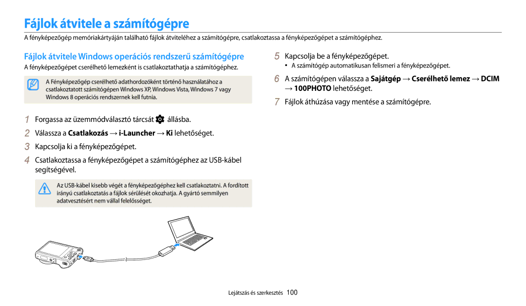 Samsung EC-WB200FBPRE3 manual Fájlok átvitele a számítógépre, Számítógép automatikusan felismeri a fényképezőgépet 