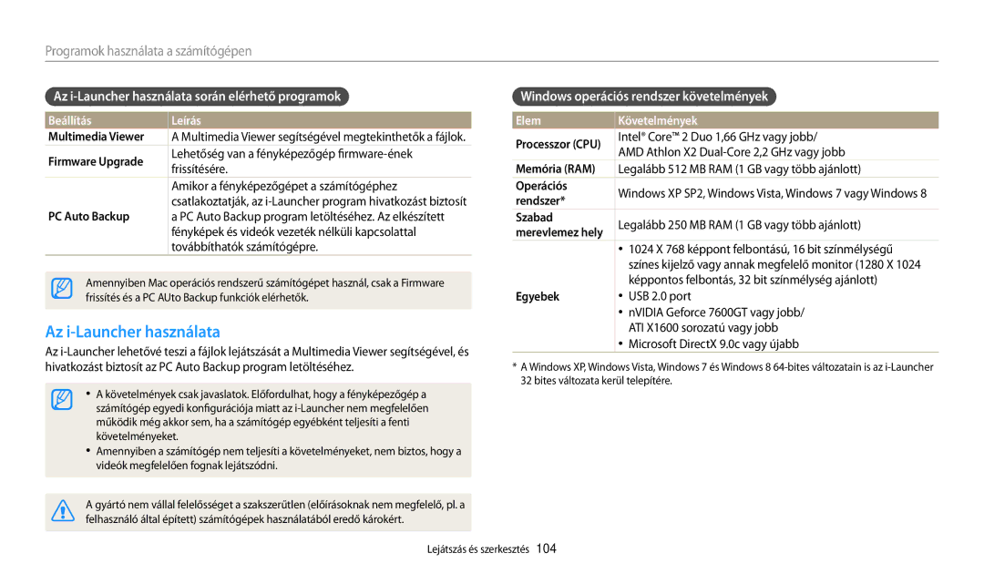 Samsung EC-WB200FBPWE3 Az i-Launcher használata, Programok használata a számítógépen, Beállítás Leírás Elem Követelmények 