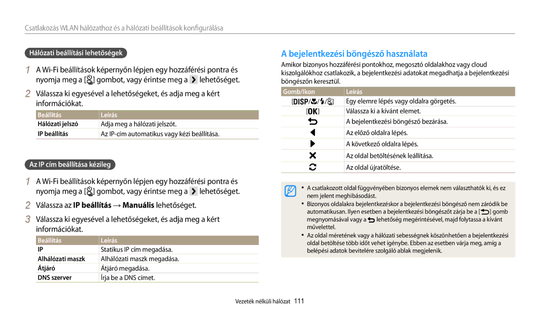 Samsung EC-WB200FBPBE3 Bejelentkezési böngésző használata, Hálózati beállítási lehetőségek, Az IP cím beállítása kézileg 