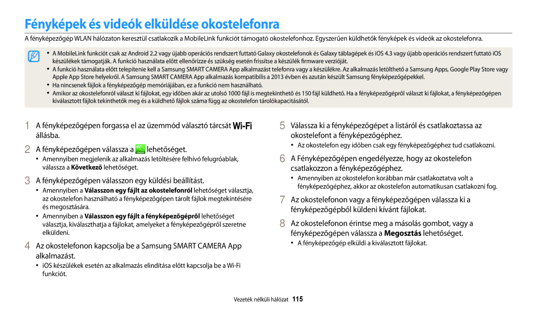 Samsung EC-WB200FBPRE3 manual Fényképek és videók elküldése okostelefonra, Fényképezőgépen válasszon egy küldési beállítást 