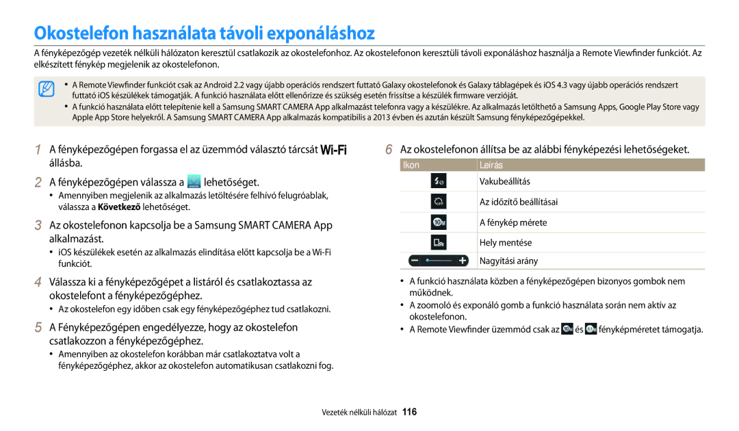 Samsung EC-WB200FBPBE3 Okostelefon használata távoli exponáláshoz, Vakubeállítás, Az időzítő beállításai, Fénykép mérete 