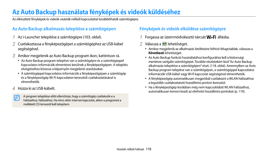 Samsung EC-WB200FBPWE2, EC-WB200FBPWE3, EC-WB200FBPRE3 manual Az Auto Backup használata fényképek és videók küldéséhez 