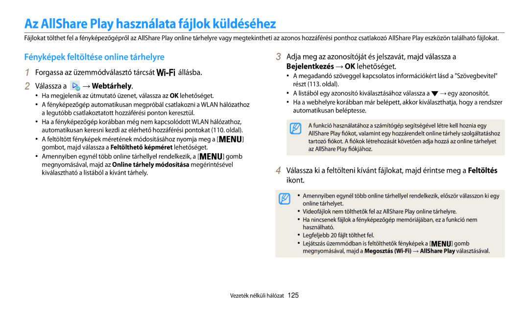 Samsung EC-WB200FBPRE3 manual Az AllShare Play használata fájlok küldéséhez, Fényképek feltöltése online tárhelyre 