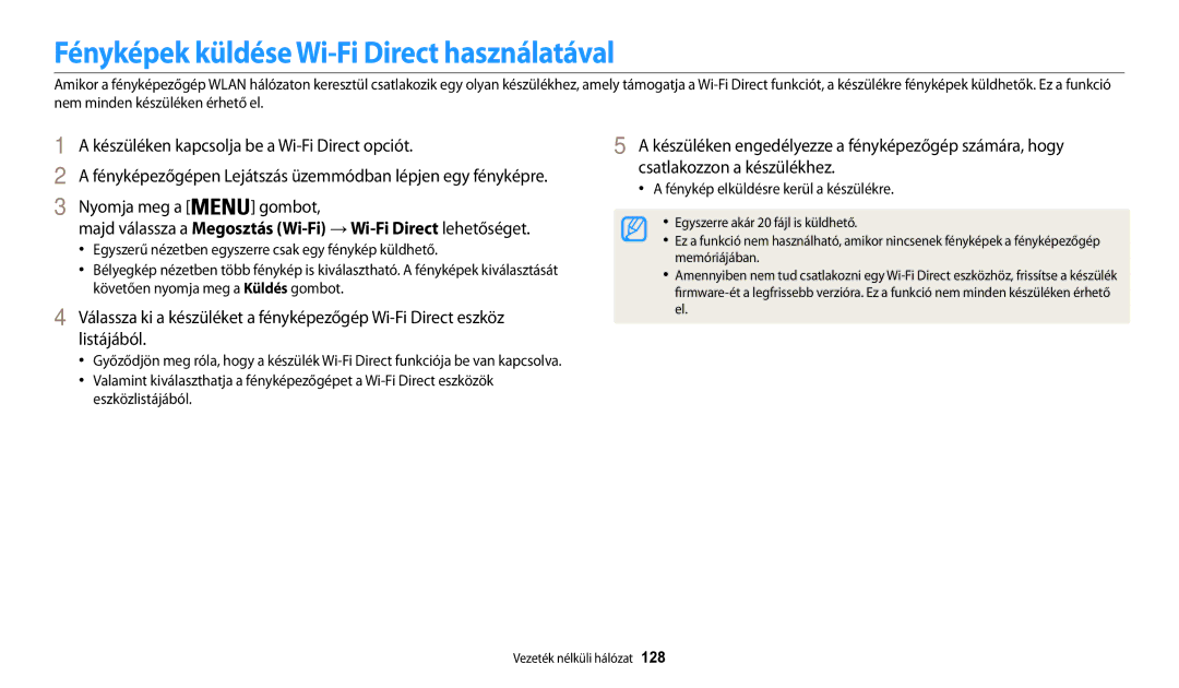 Samsung EC-WB200FBPWE2 manual Fényképek küldése Wi-Fi Direct használatával, Készüléken kapcsolja be a Wi-Fi Direct opciót 