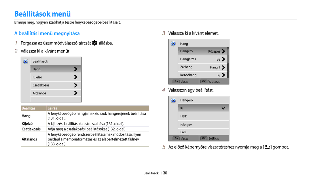 Samsung EC-WB200FBPRE3, EC-WB200FBPWE3 manual Beállítások menü, Beállítási menü megnyitása, Válassza ki a kívánt elemet 