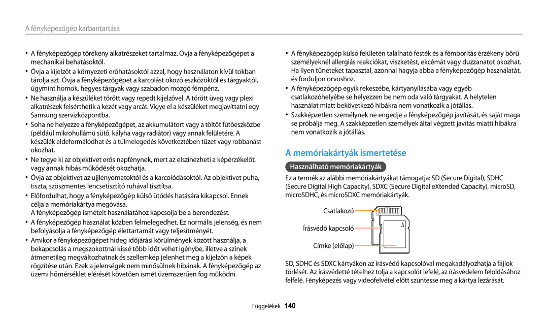 Samsung EC-WB200FBPRE3 Memóriakártyák ismertetése, Használható memóriakártyák, Csatlakozó Írásvédő kapcsoló Címke előlap 