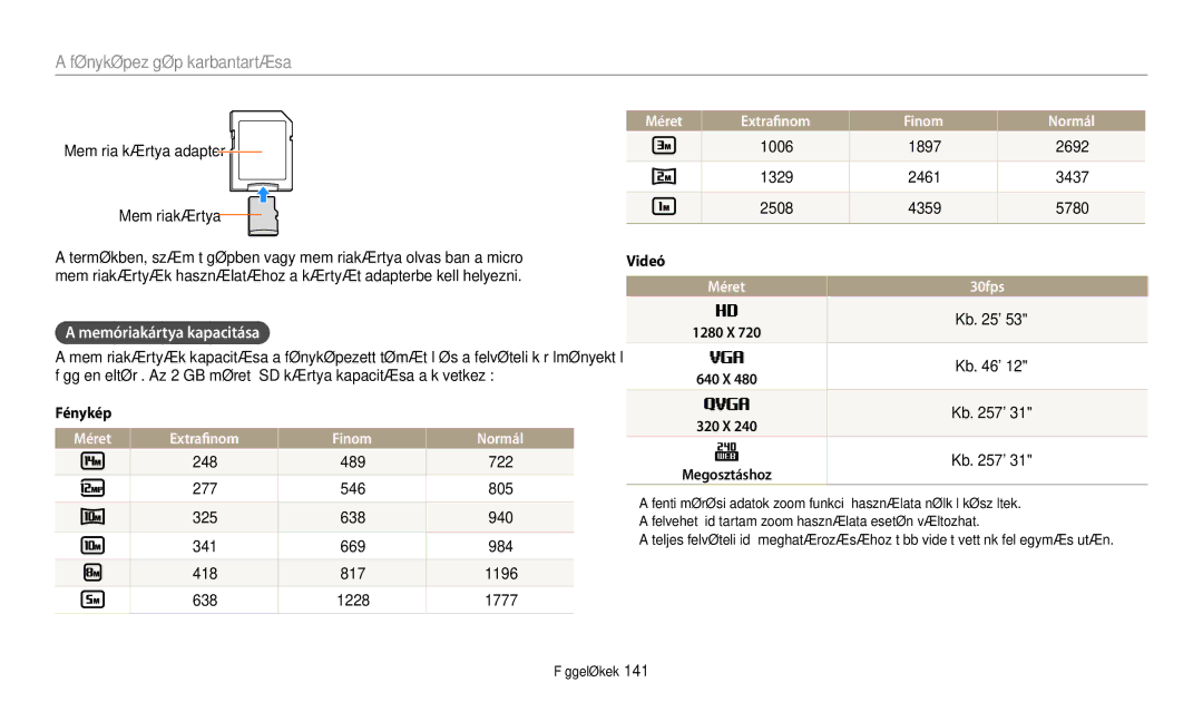 Samsung EC-WB200FBPBE3, EC-WB200FBPWE3, EC-WB200FBPRE3 Memóriakártya kapacitása, Méret Extrafinom Finom Normál, Méret 30fps 