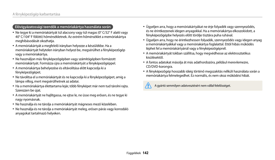 Samsung EC-WB200FBPBE2, EC-WB200FBPWE3, EC-WB200FBPRE3 manual Elővigyázatossági teendők a memóriakártya használata során 