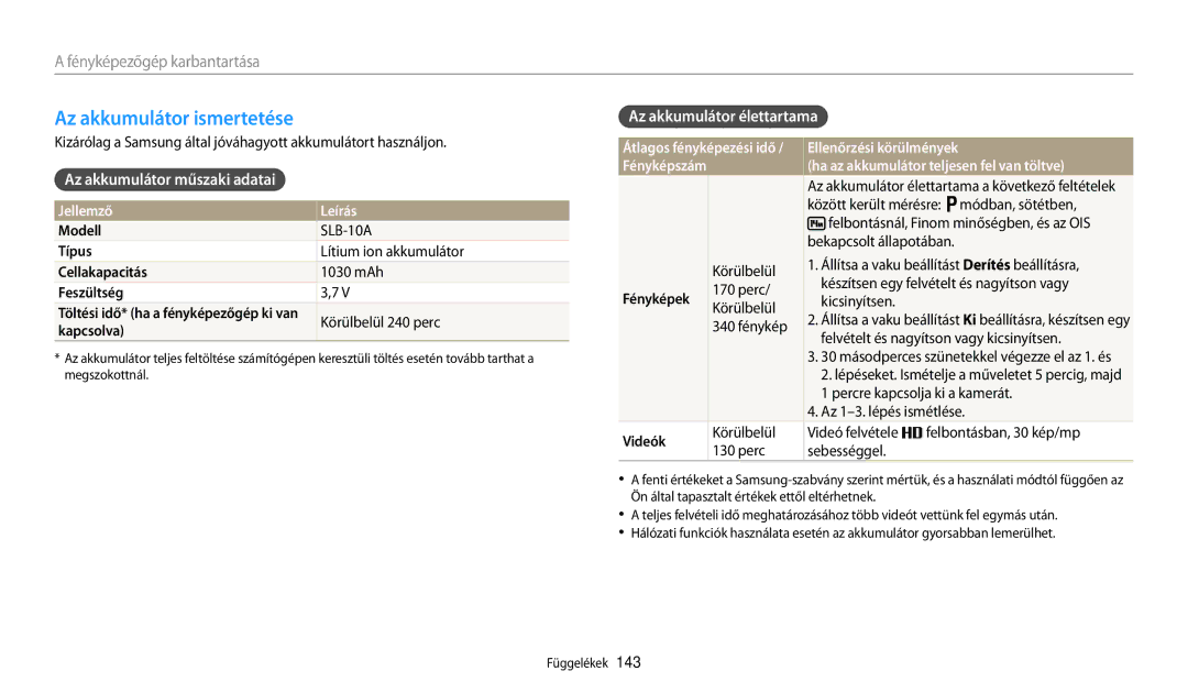 Samsung EC-WB200FBPWE2 manual Az akkumulátor ismertetése, Az akkumulátor műszaki adatai, Az akkumulátor élettartama 