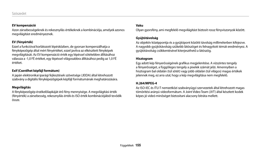 Samsung EC-WB200FBPRE3, EC-WB200FBPWE3, EC-WB200FBPBE3, EC-WB200FBPBE2, EC-WB200FBPWE2 manual Szószedet 