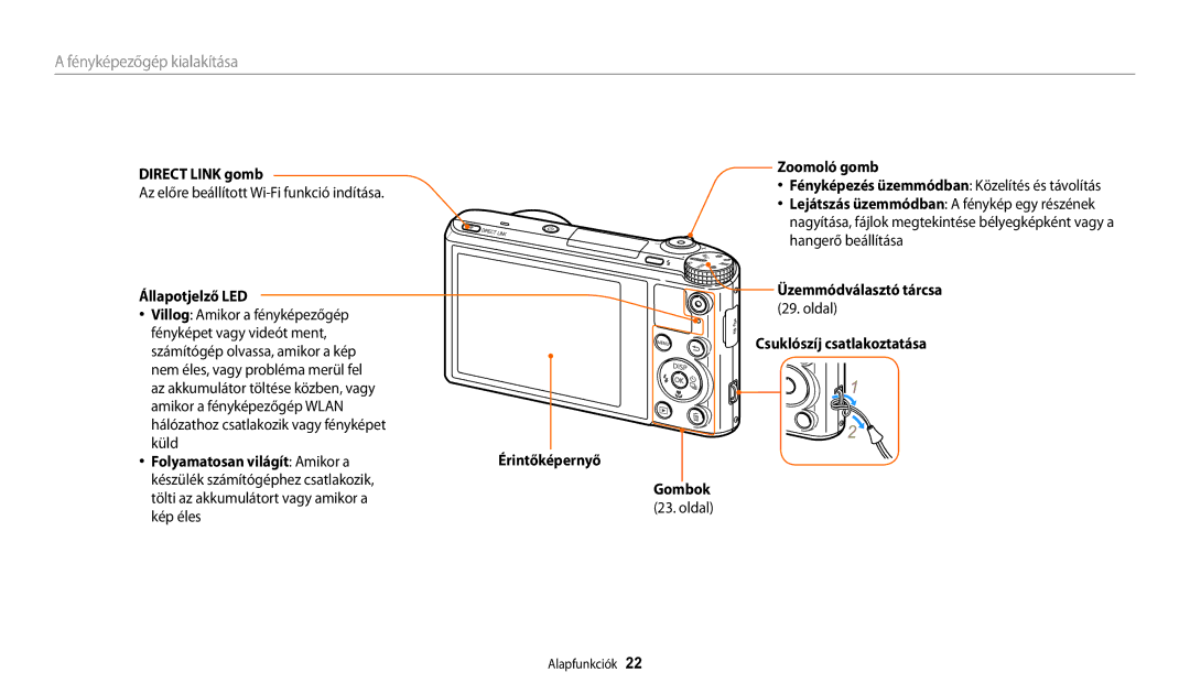 Samsung EC-WB200FBPBE2, EC-WB200FBPWE3, EC-WB200FBPRE3 manual Fényképezőgép kialakítása, Direct Link gomb, Zoomoló gomb 