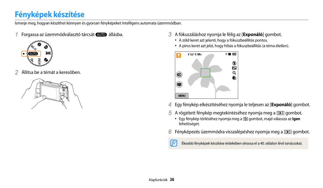 Samsung EC-WB200FBPBE3, EC-WB200FBPWE3 manual Fényképek készítése, Rögzített fénykép megtekintéséhez nyomja meg a gombot 