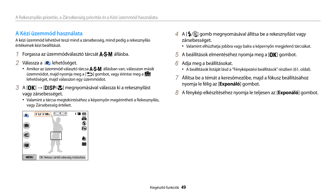 Samsung EC-WB200FBPWE3, EC-WB200FBPRE3, EC-WB200FBPBE3, EC-WB200FBPBE2, EC-WB200FBPWE2 manual Kézi üzemmód használata 