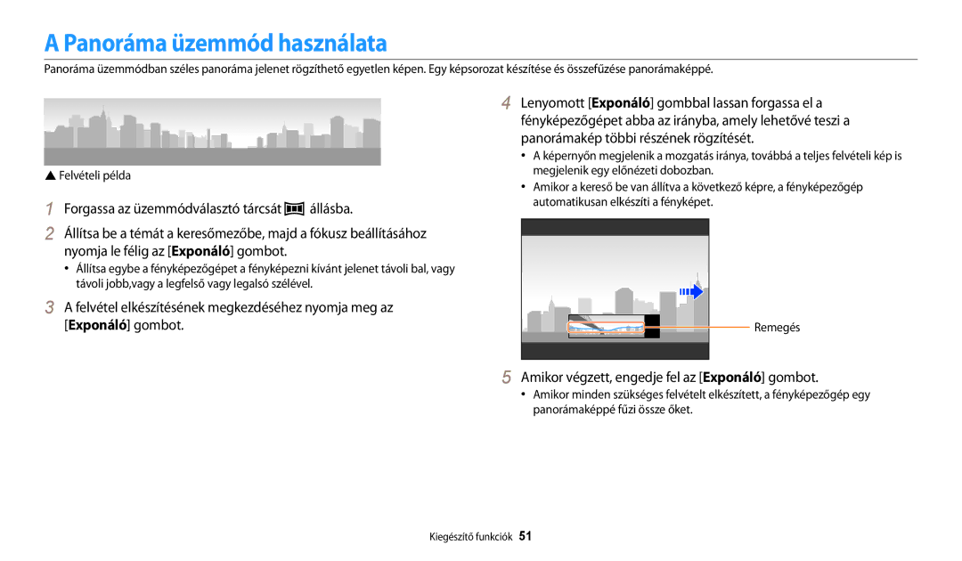 Samsung EC-WB200FBPBE3, EC-WB200FBPWE3 manual Panoráma üzemmód használata, Amikor végzett, engedje fel az Exponáló gombot 