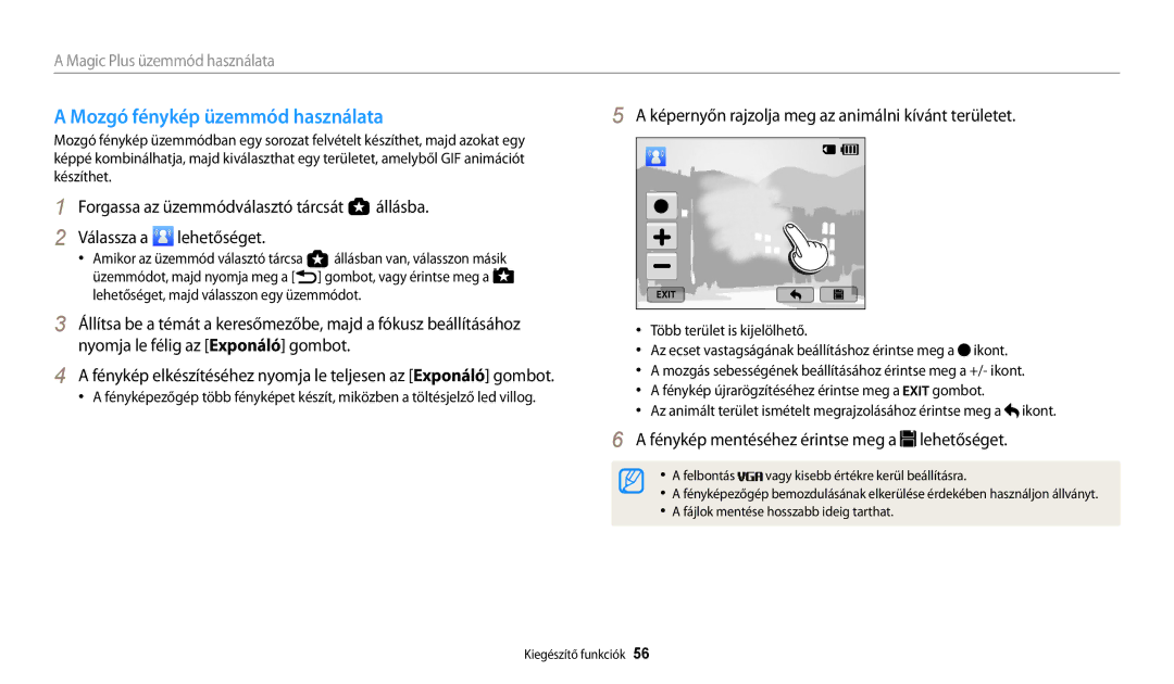 Samsung EC-WB200FBPBE3 manual Mozgó fénykép üzemmód használata, Képernyőn rajzolja meg az animálni kívánt területet 