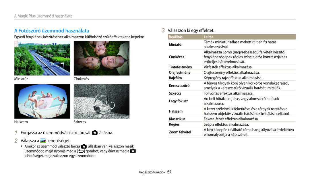 Samsung EC-WB200FBPBE2, EC-WB200FBPWE3, EC-WB200FBPRE3 manual Fotószűrő üzemmód használata, Válasszon ki egy effektet 