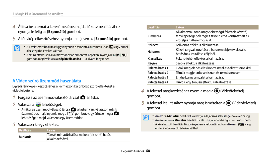 Samsung EC-WB200FBPWE2, EC-WB200FBPWE3, EC-WB200FBPRE3, EC-WB200FBPBE3 manual Video szűrő üzemmód használata, Paletta hatás 