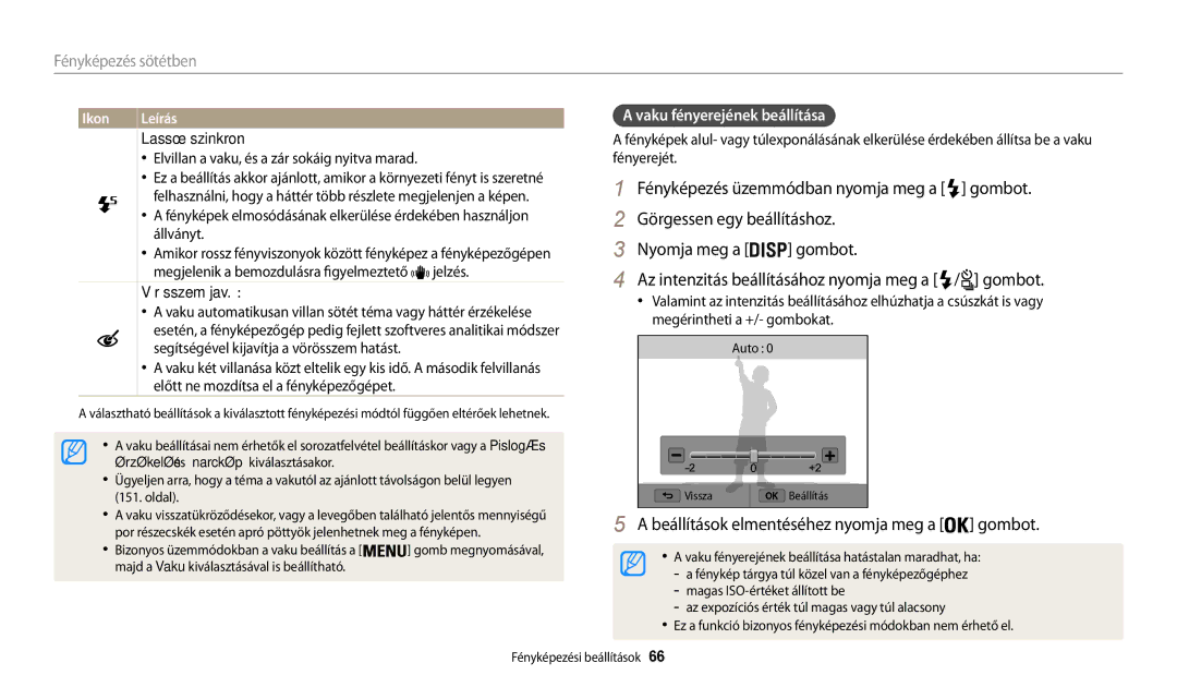 Samsung EC-WB200FBPBE3 manual Görgessen egy beállításhoz, Vaku fényerejének beállítása, Lassú szinkron, Vörösszem jav 