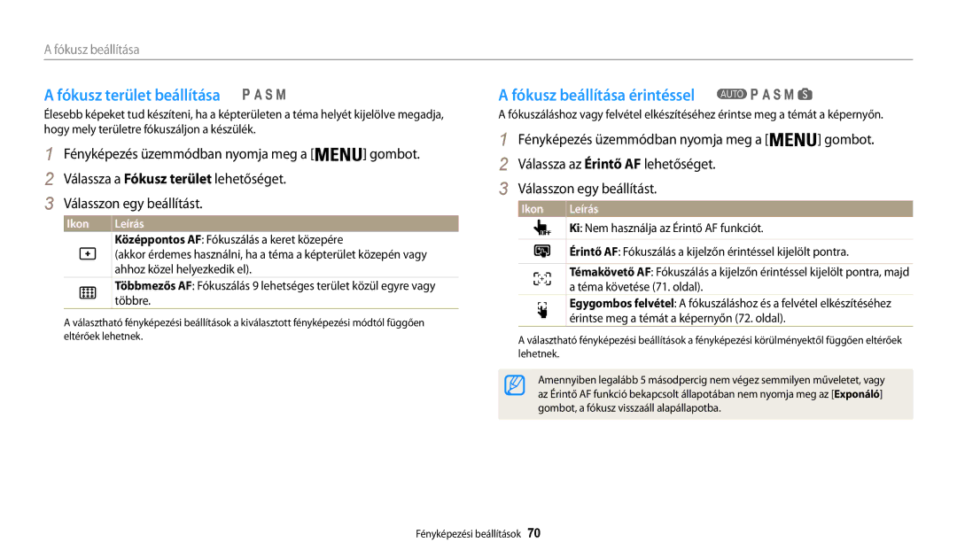 Samsung EC-WB200FBPRE3 Fókusz terület beállítása, Fókusz beállítása érintéssel, Középpontos AF Fókuszálás a keret közepére 