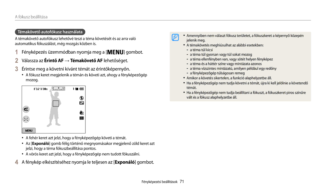 Samsung EC-WB200FBPBE3, EC-WB200FBPWE3 manual Fényképezés üzemmódban nyomja meg a, Témakövető autofókusz használata 