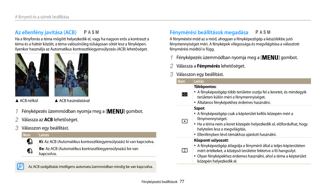 Samsung EC-WB200FBPBE2 manual Az ellenfény javítása ACB, Fénymérési beállítások megadása, Fényerő és a színek beállítása 