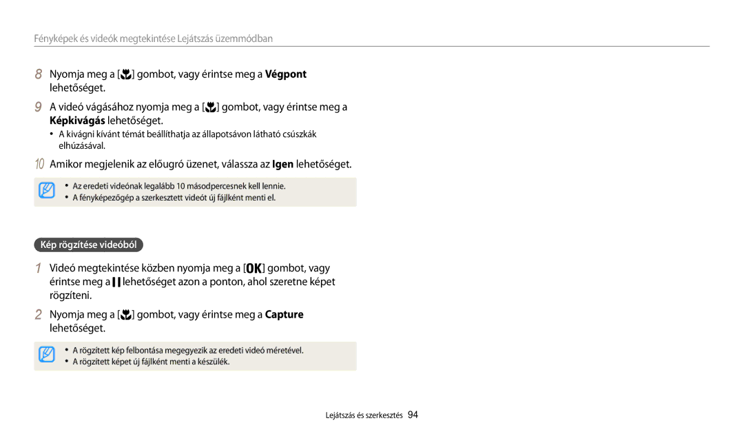 Samsung EC-WB200FBPWE3, EC-WB200FBPRE3, EC-WB200FBPBE3, EC-WB200FBPBE2, EC-WB200FBPWE2 manual Kép rögzítése videóból 