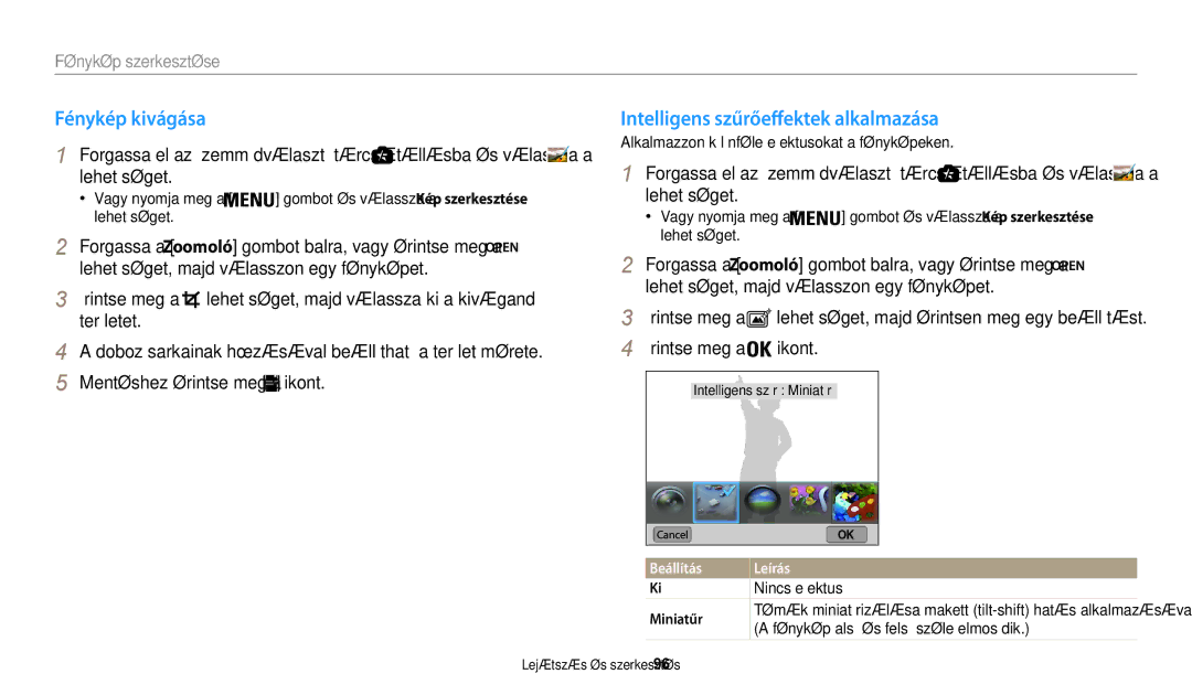 Samsung EC-WB200FBPBE3, EC-WB200FBPWE3 manual Fénykép kivágása, Intelligens szűrőeffektek alkalmazása, Fénykép szerkesztése 