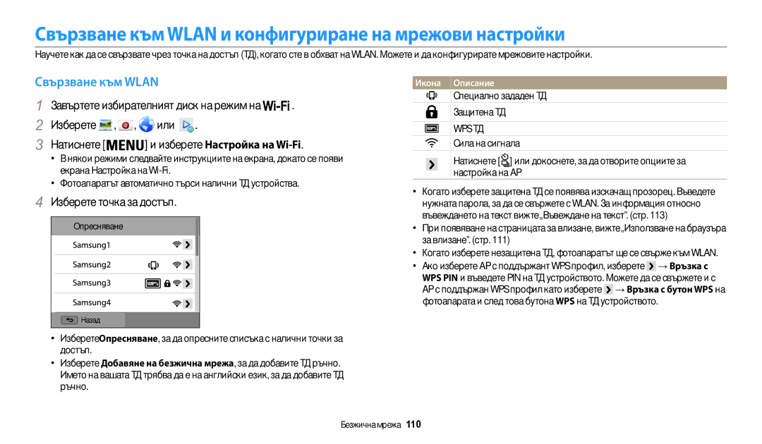 Samsung EC-WB200FBPWE3, EC-WB200FBPRE3 Свързване към Wlan и конфигуриране на мрежови настройки, Изберете точка за достъп 