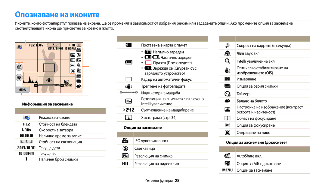 Samsung EC-WB200FBPBE3 manual Опознаване на иконите, Информация за заснемане, Икона Описание, Опция за заснемане докоснете 