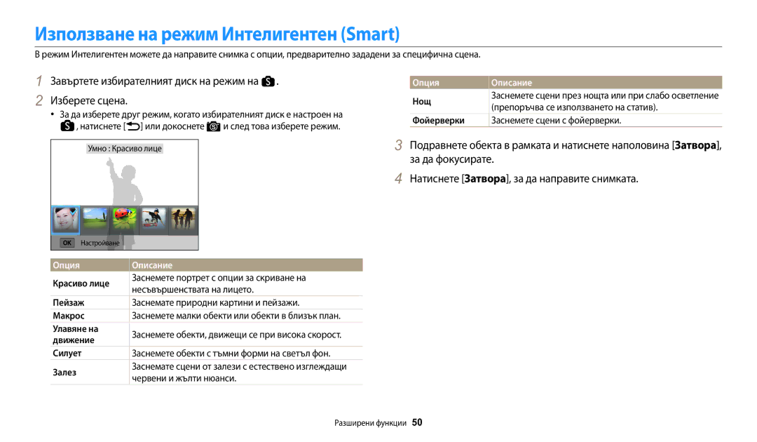 Samsung EC-WB200FBPWE3 Използване на режим Интелигентен Smart, Завъртете избирателният диск на режим на . Изберете сцена 