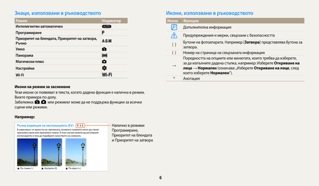 Samsung EC-WB200FBPRE3 manual Знаци, използвани в ръководството, Икони, използвани в ръководството, Режим Индикатор 