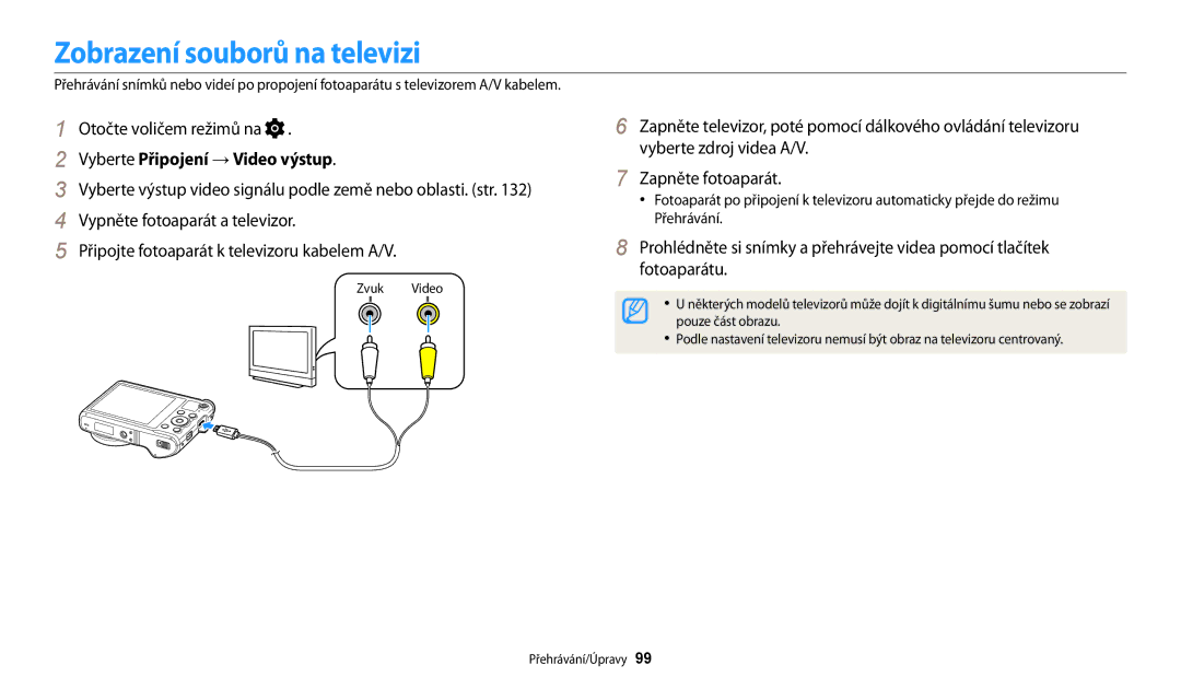 Samsung EC-WB200FBPRE3, EC-WB200FBPWE3, EC-WB200FBPBE3 manual Zobrazení souborů na televizi, Vyberte Připojení → Video výstup 