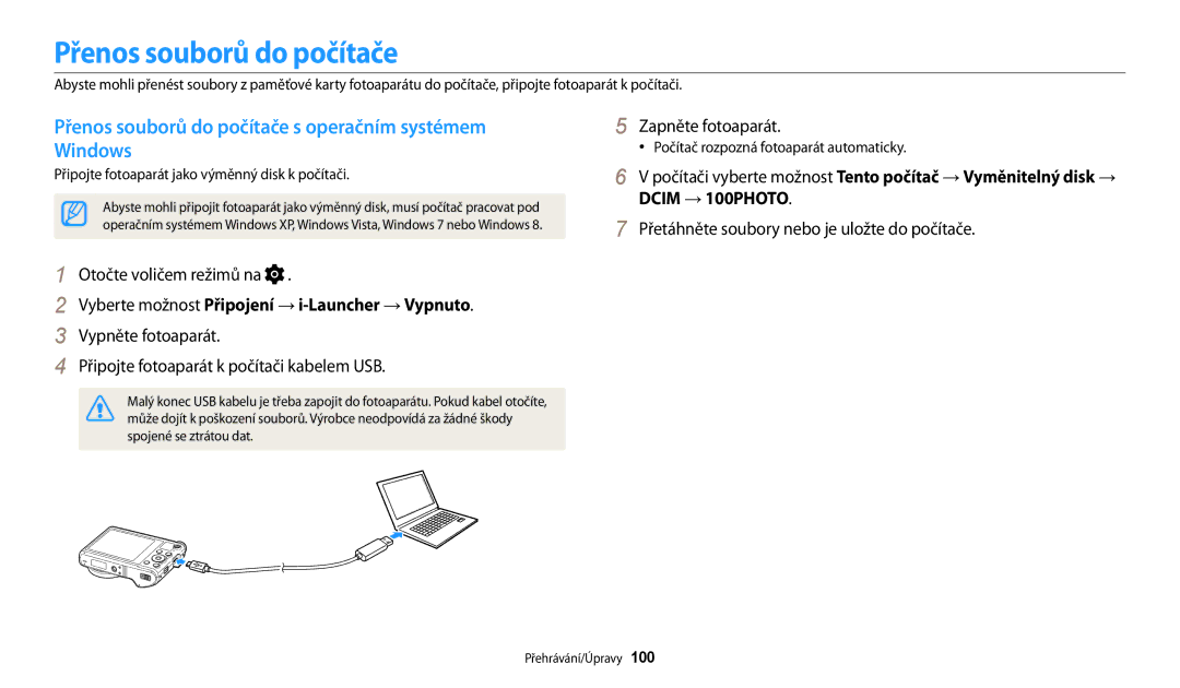 Samsung EC-WB200FBPBE3, EC-WB200FBPWE3, EC-WB200FBPRE3 manual Přenos souborů do počítače s operačním systémem Windows 