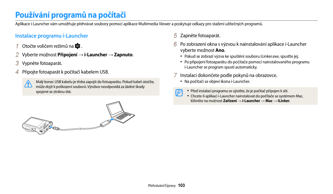 Samsung EC-WB200FBPBE3, EC-WB200FBPWE3, EC-WB200FBPRE3 manual Používání programů na počítači, Instalace programu i-Launcher 