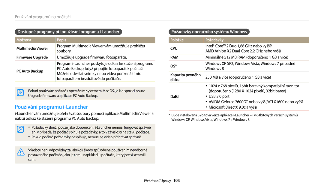 Samsung EC-WB200FBPWE3, EC-WB200FBPRE3 Používání programu i-Launcher, Dostupné programy při používání programu i-Launcher 