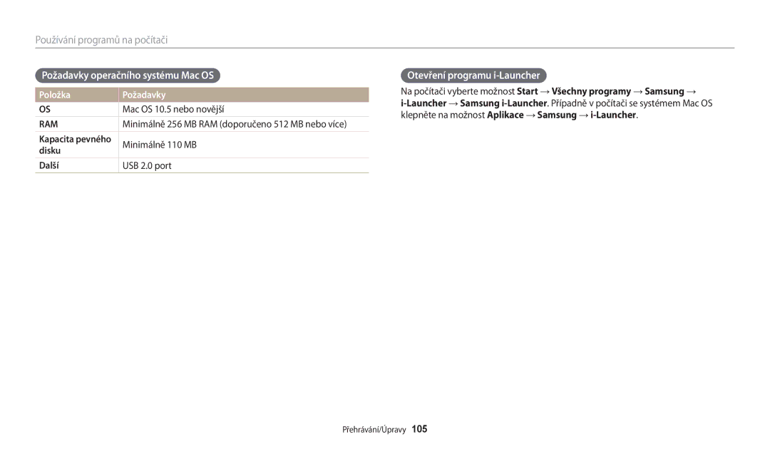 Samsung EC-WB200FBPRE3 manual Požadavky operačního systému Mac OS, Otevření programu i-Launcher, Mac OS 10.5 nebo novější 