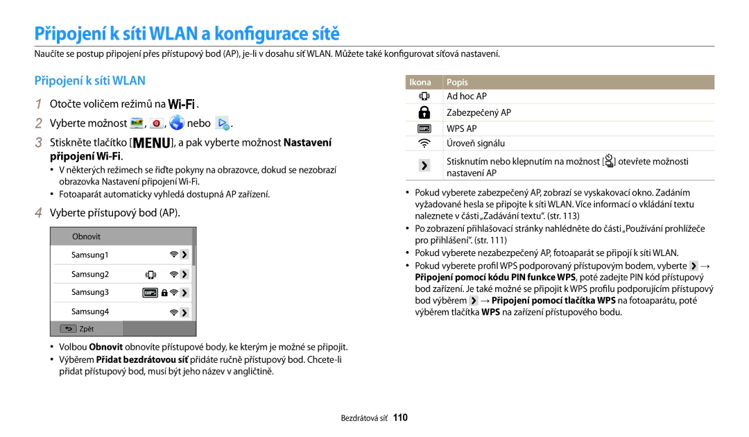 Samsung EC-WB200FBPWE3 manual Připojení k síti Wlan a konfigurace sítě, Vyberte přístupový bod AP, Ad hoc AP Zabezpečený AP 