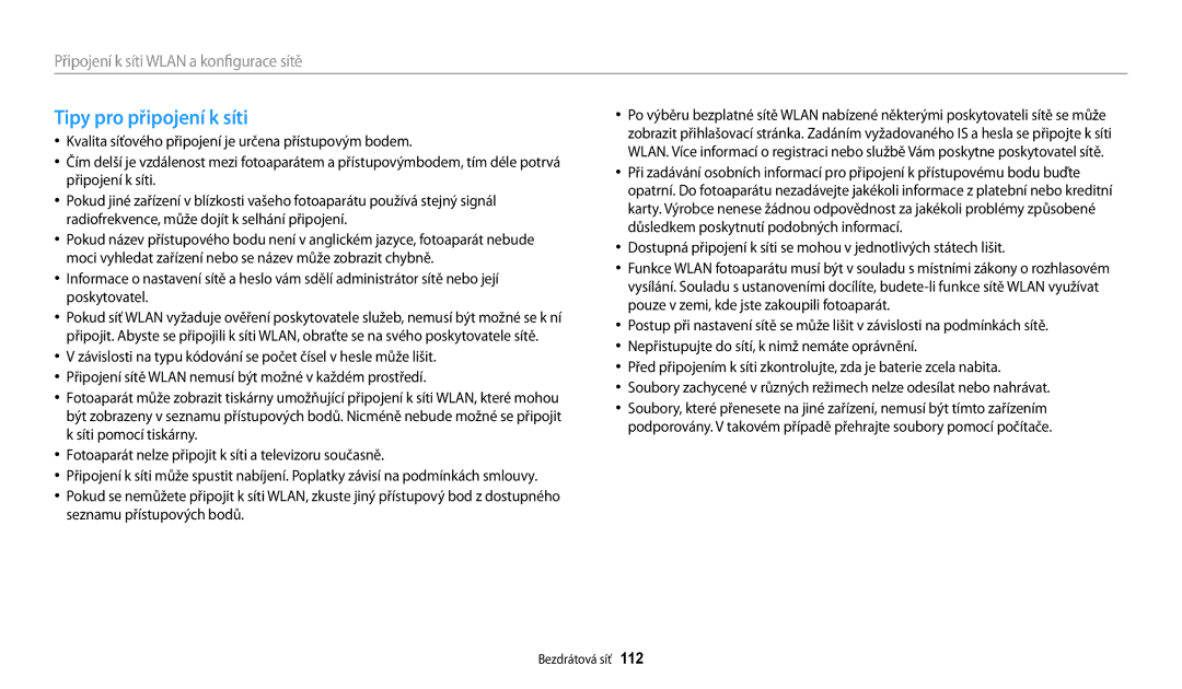 Samsung EC-WB200FBPBE3, EC-WB200FBPWE3, EC-WB200FBPRE3 manual Tipy pro připojení k síti 