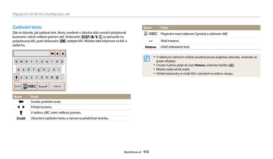 Samsung EC-WB200FBPWE3, EC-WB200FBPRE3, EC-WB200FBPBE3 manual Zadávání textu, Ikona Popis 