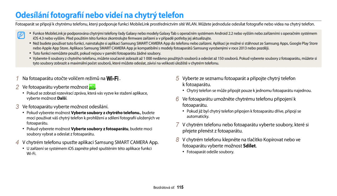 Samsung EC-WB200FBPBE3 manual Odesílání fotografií nebo videí na chytrý telefon, Ve fotoaparátu vyberte možnost odesílání 