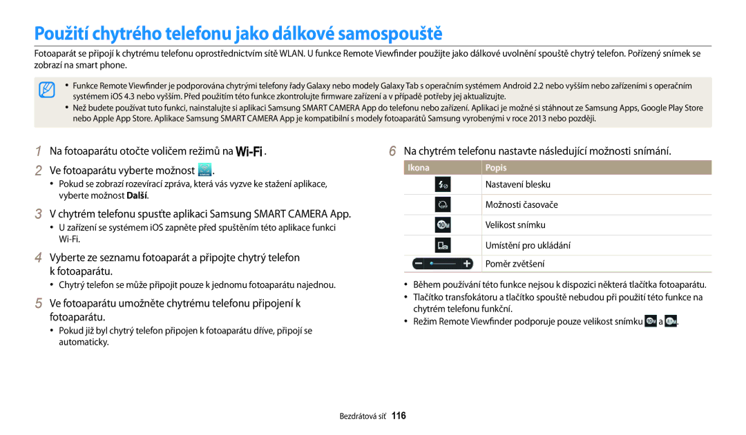 Samsung EC-WB200FBPWE3, EC-WB200FBPRE3, EC-WB200FBPBE3 manual Použití chytrého telefonu jako dálkové samospouště 