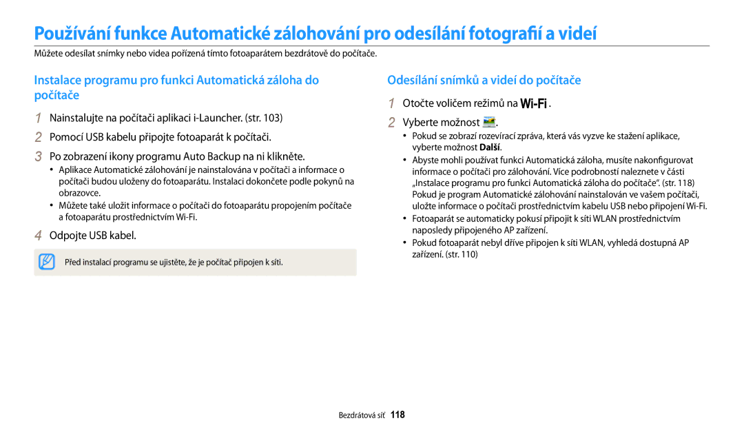 Samsung EC-WB200FBPBE3 Instalace programu pro funkci Automatická záloha do počítače, Odesílání snímků a videí do počítače 