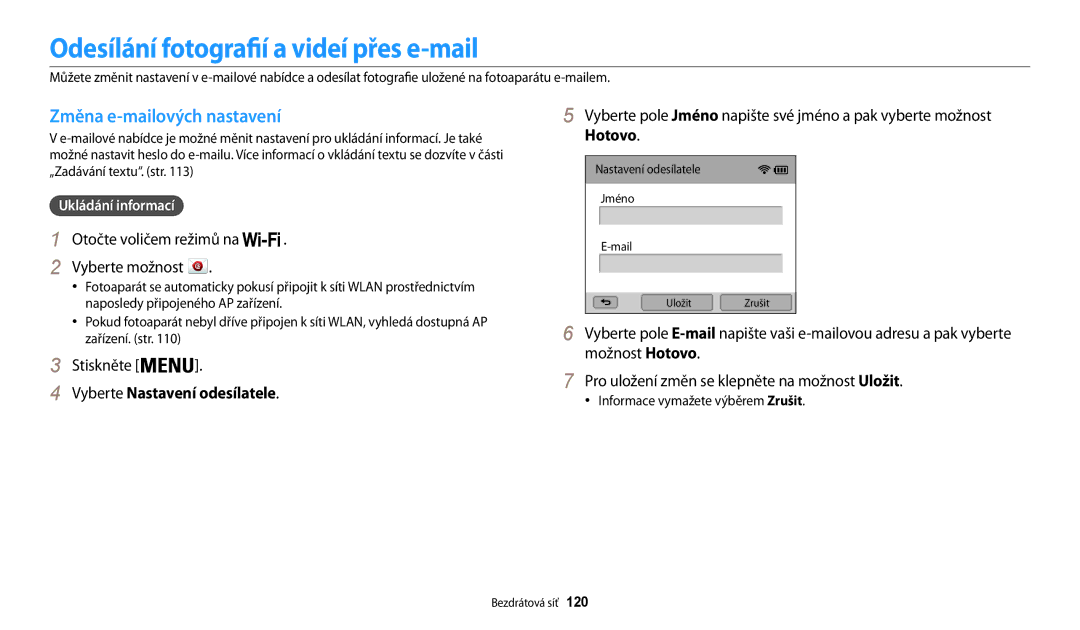 Samsung EC-WB200FBPRE3, EC-WB200FBPWE3 manual Odesílání fotografií a videí přes e-mail, Změna e-mailových nastavení, Hotovo 