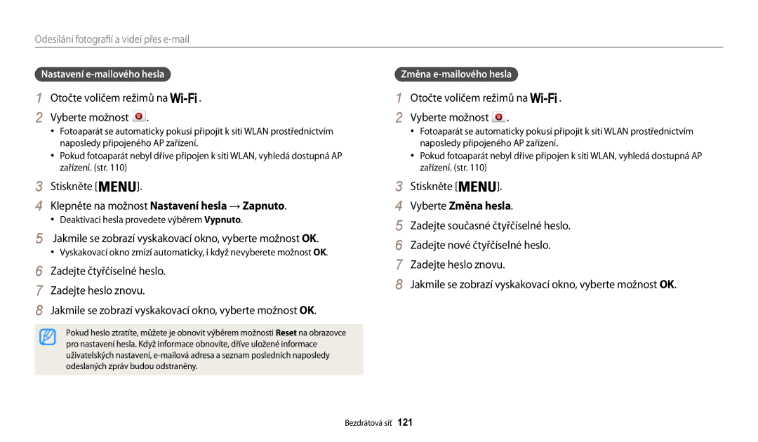 Samsung EC-WB200FBPBE3, EC-WB200FBPWE3 manual Stiskněte Klepněte na možnost Nastavení hesla → Zapnuto, Vyberte Změna hesla 