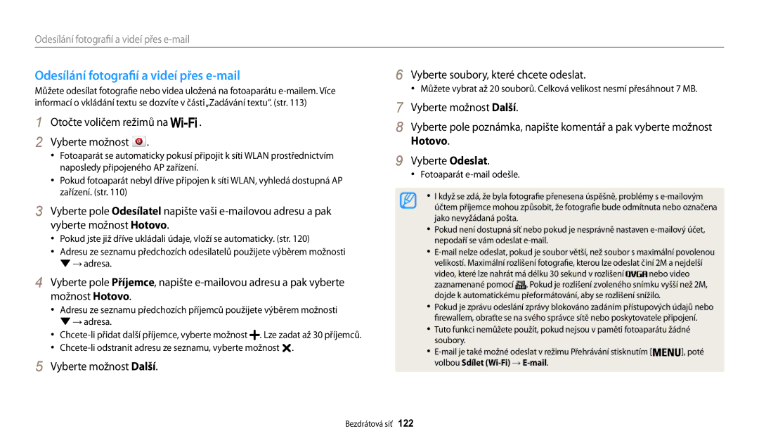 Samsung EC-WB200FBPWE3, EC-WB200FBPRE3 Vyberte soubory, které chcete odeslat, Vyberte Odeslat, Vyberte možnost Hotovo, 122 