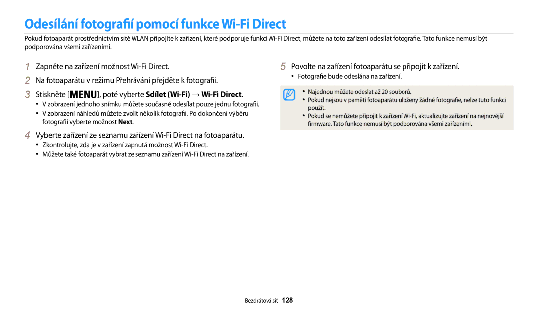 Samsung EC-WB200FBPWE3 Odesílání fotografií pomocí funkce Wi-Fi Direct, Stiskněte, Fotografie bude odeslána na zařízení 