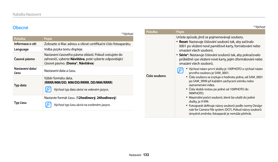 Samsung EC-WB200FBPBE3, EC-WB200FBPWE3, EC-WB200FBPRE3 manual Obecné, Položka 